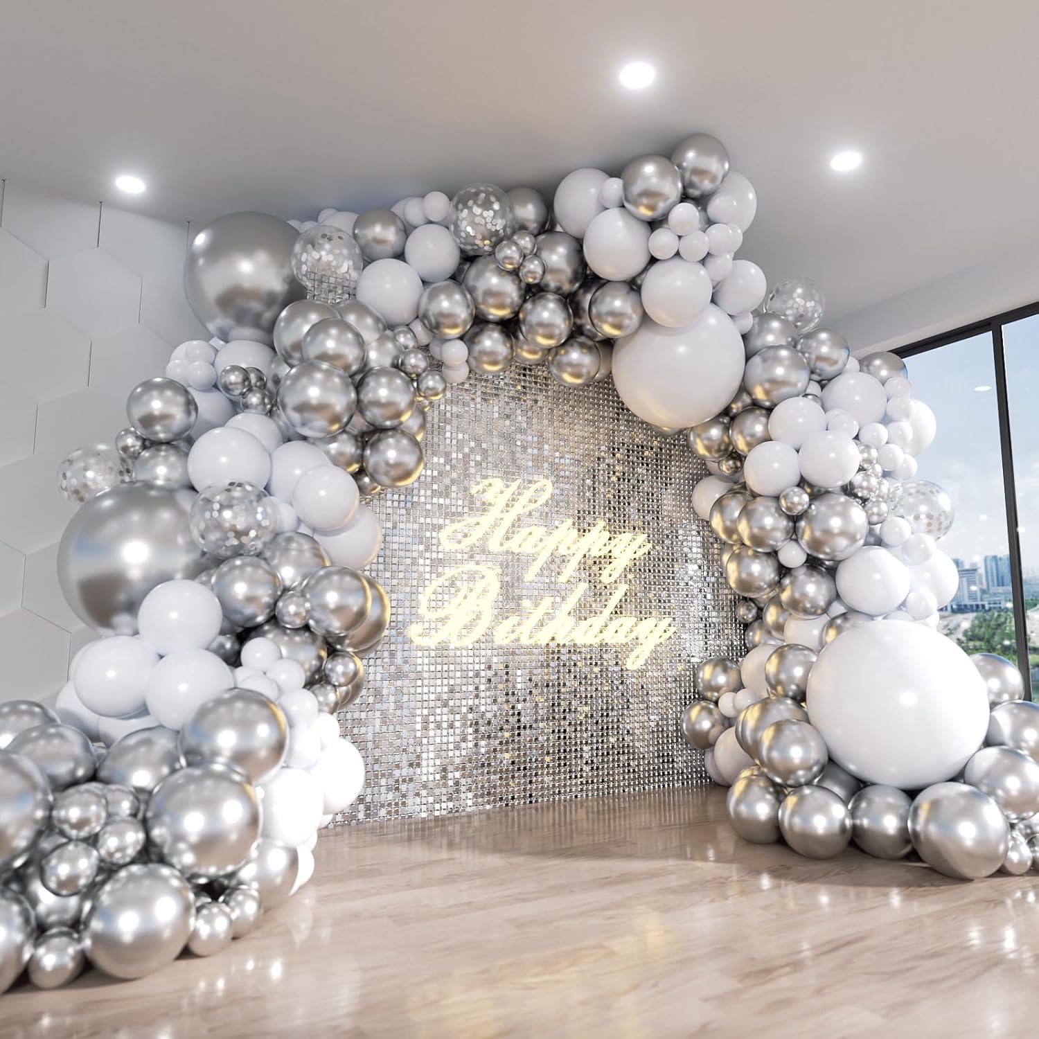 Balloon Arch Kit - 112個入り白と銀のバルーンアーチキット メタリックシルバーとシルバーのコンフェッティバルーンガーランドキット 誕生日パーティーの装飾用