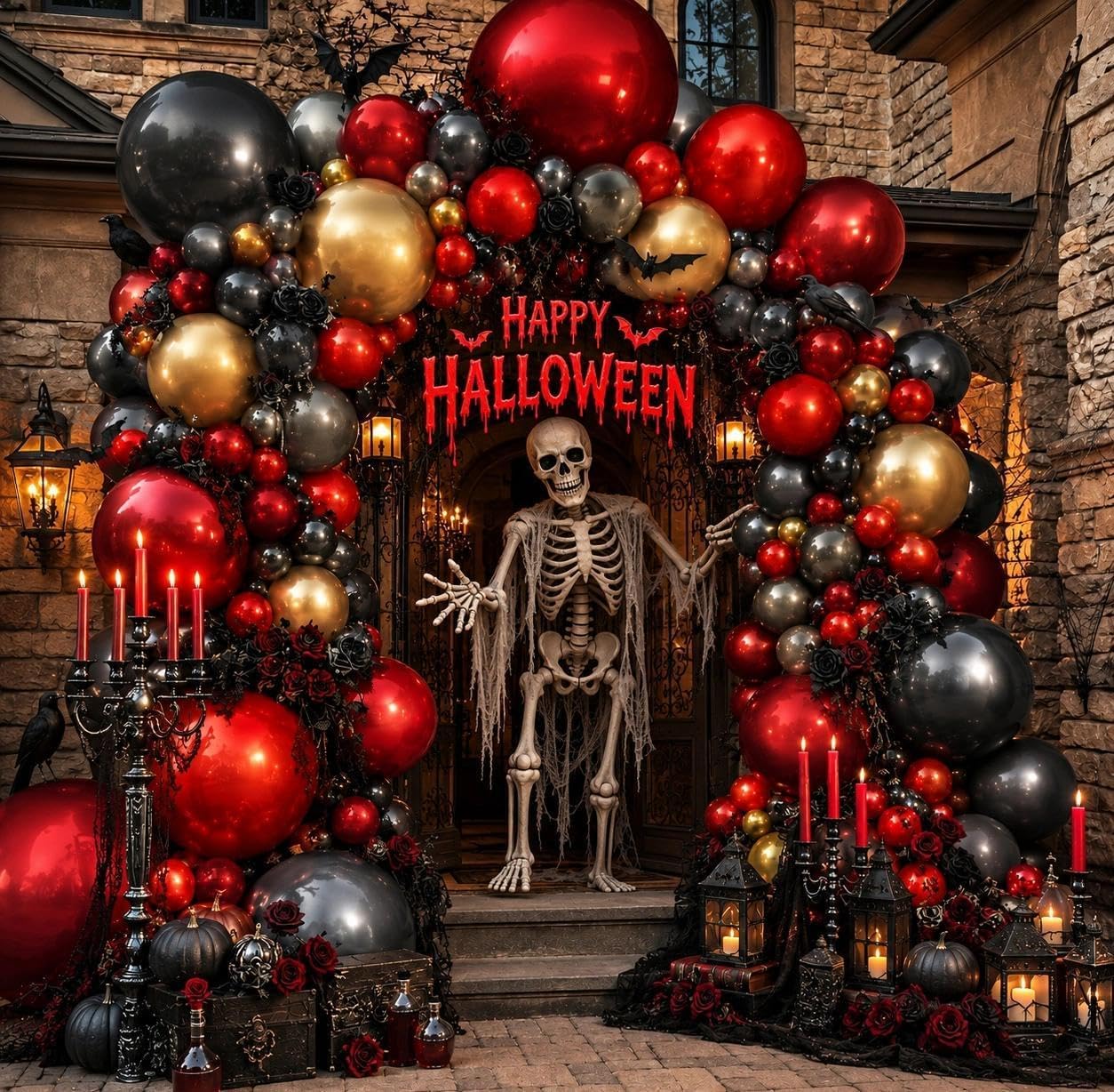 Balloon Arch Kit - ハロウィンバルーンアーチキット、ダブルスタッフドダークレッドバーガンディブラックバルーン、ルビーレッドコーヒーゴールドバルーンガーランド、ハロウィンゴシックヴァンパイアブライダルウェディング誕生日クリスマス新年パーティーデコレーション用