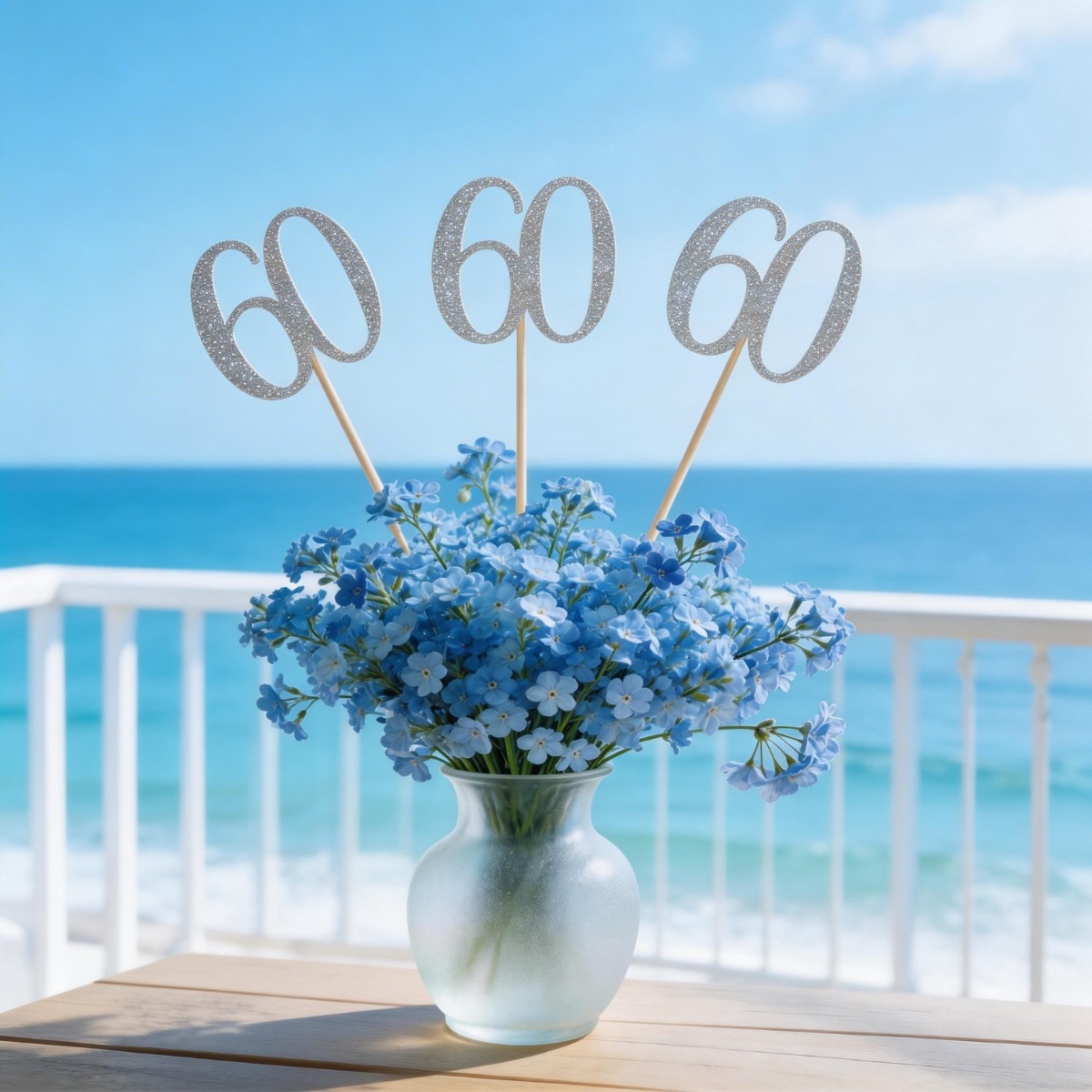 Centerpiece Stick - 60歳のお誕生日を祝うテーブル装飾に最適な、銀色のラメ入りスティック12本セット。60という数字が描かれたテーブルトップ装飾も付属。記念パーティーのデコレーションに。