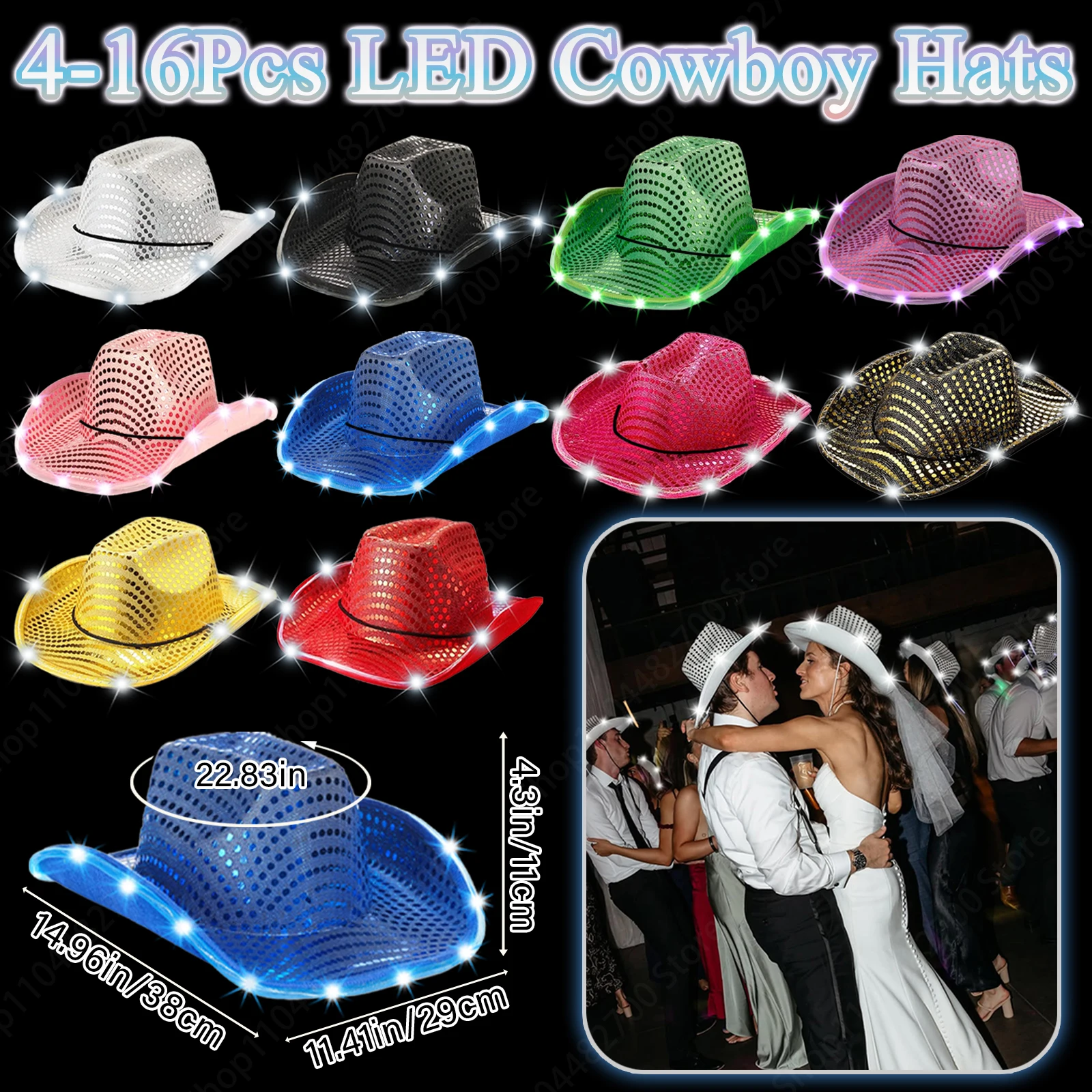 Party Hat Cone - 4/6/8/10/12/16個入り LEDカウボーイハット 結婚式用ライトアップパーティーハット 独身女性用スパンコールカウガールハット フラッシュディスコハット