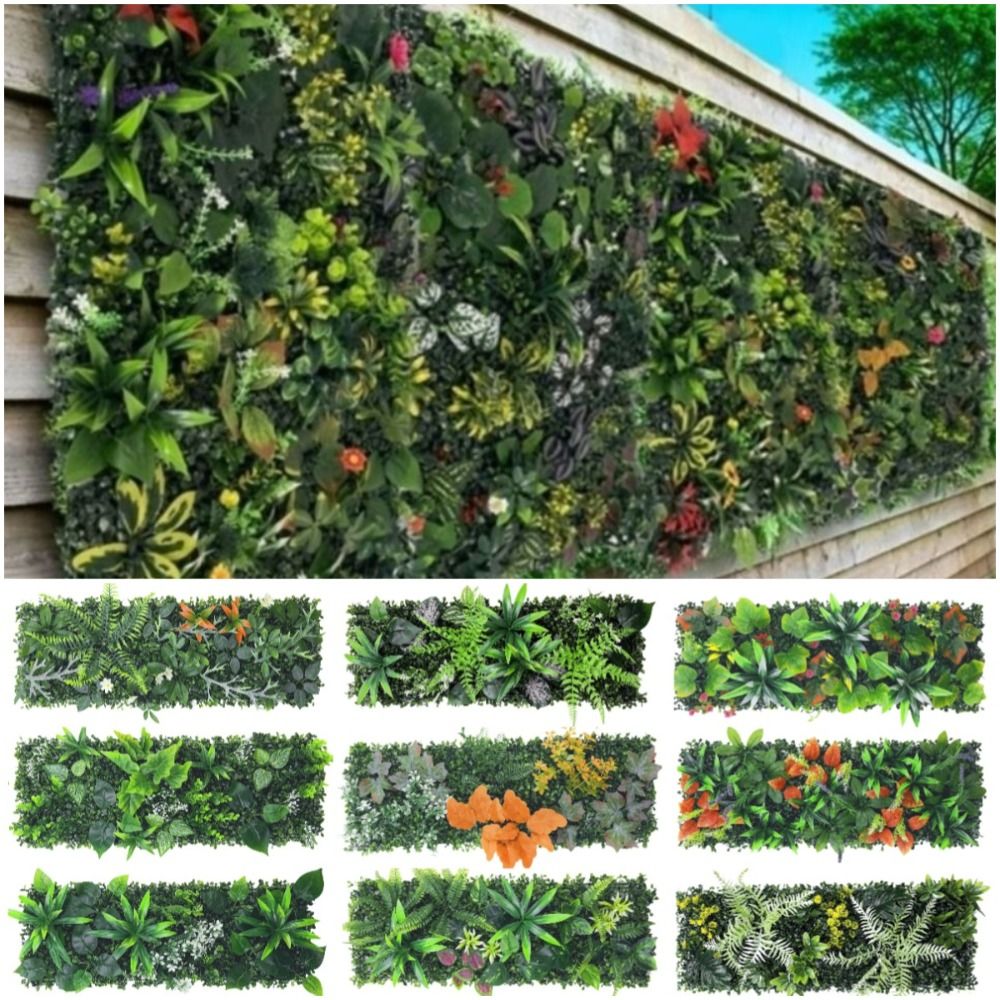 Flower Wall Panel - DIY人工植物壁パネル、UVカット加工、人工ユーカリ、グリーン、75x25cm、造花、人工芝マット