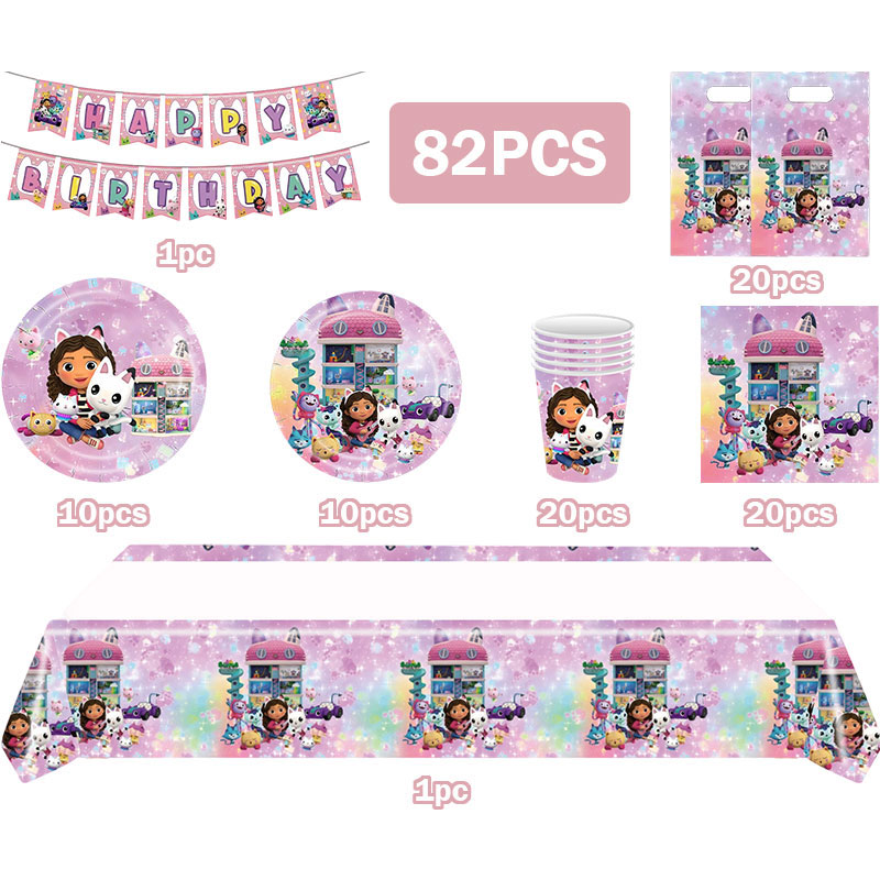 Table Cloth Disposable - かわいいギャビーの猫の誕生日パーティー装飾用品、紙皿、紙コップ、テーブルクロス、キャビーのドールハウス、ギフトバッグ、バナー、ケーキデコレーションセット