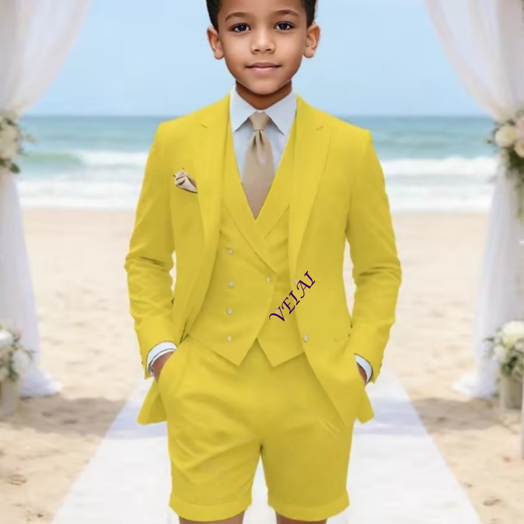 Event & Party Supply - 男の子用、カスタムメイドのクラシックな3ピースリネンスーツ。結婚式、旅行、そして夏のあらゆるイベントに最適な、着回ししやすいブレザー、ベスト、ショートパンツのセット。