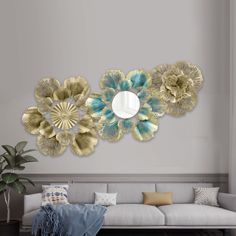 Flower Wall Panel - 北欧風ライトラグジュアリーウォールデコレーション ゴールデンアプリコットリーフフラワーミラー 壁掛けアイアンアート 玄関ホール用装飾ミラー