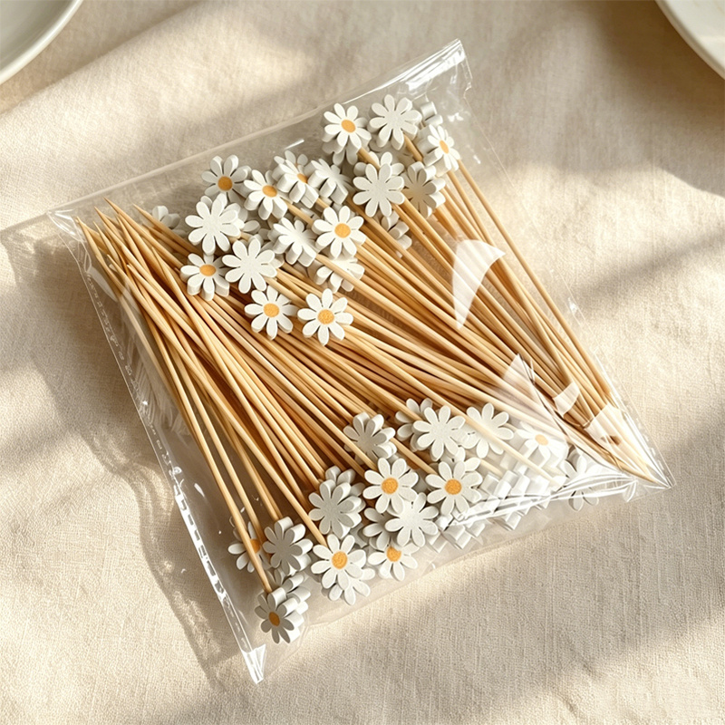 Centerpiece Stick - 50個入り デイジーフラワーデコレーション、竹製スティック、フルーツフォーク、ケーキトッパー、アフタヌーンティー、カクテル、DIYデコレーションアクセサリー