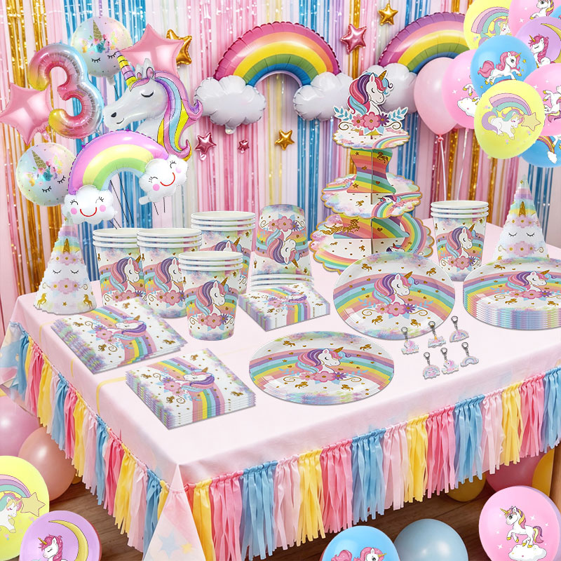 ユニコーンテーマの誕生日デコレーションセット レインボー使い - Table Cloth Disposable のレビューと価格