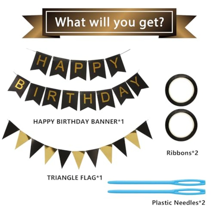 黒と金のストライプのバナーと三角旗セット |   誕生日パー - Party Banner Gold のレビューと価格
